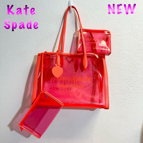 NWT-Kate Spade Neon Clear Tote and Pouch & Wristlet Pool Set of 3 Beach Stadium - Picture 2 of 16